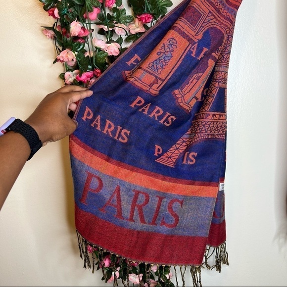 🌹Paris Blue Orange Scene France Pattern Scarf Womens Viscose - Picture 2 of 6